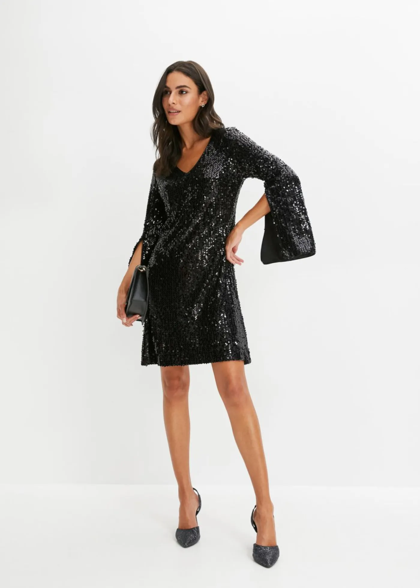 bonprix bonprix Vestido de lentejuelas con mangas de trompeta Negro Clearance