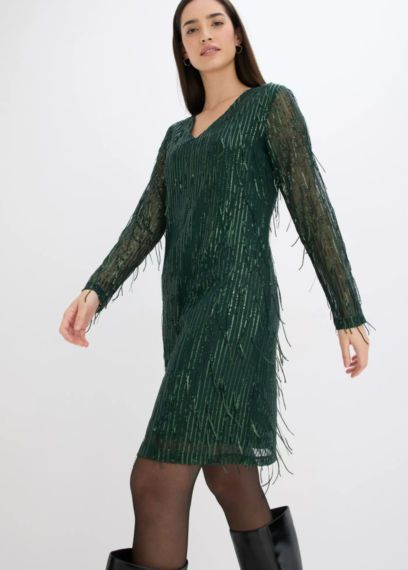 bonprix bonprix Vestido de lentejuelas con flecos Verde intenso New