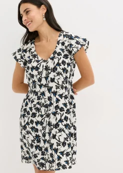 bonprix bonprix Vestido de material estructurado con mangas de murciélago Blanco lana-negro