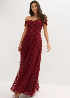 bonprix bonprix Vestido de noche con un elegante bordado floral Rojo rubí Sale