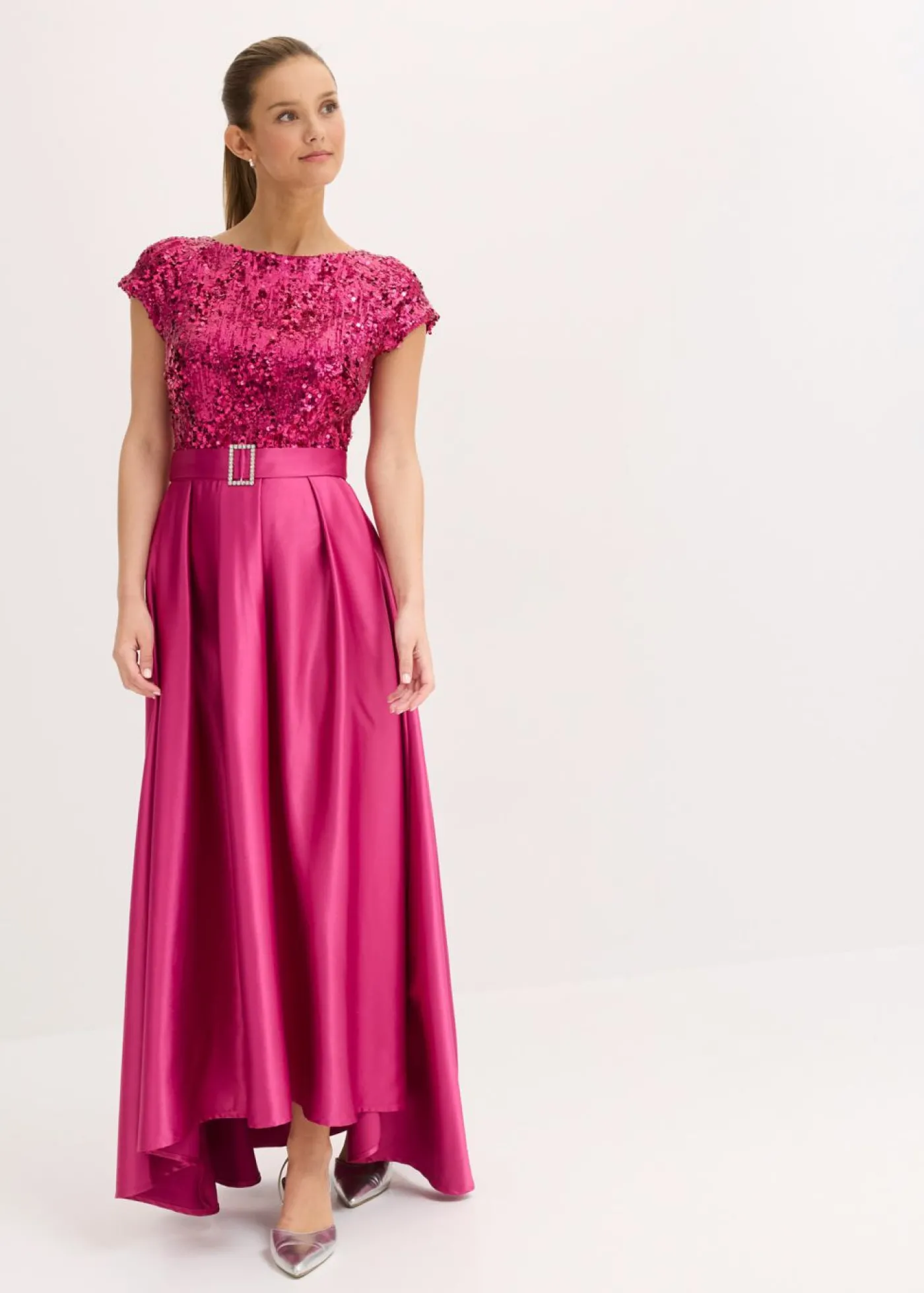 bonprix bonprix Vestido de noche de satén brillante con lentejuelas Rosa fucsia Online
