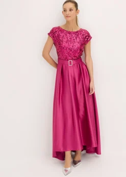 bonprix bonprix Vestido de noche de satén brillante con lentejuelas Rosa fucsia Outlet