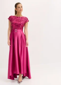 bonprix bonprix Vestido de noche de satén brillante con lentejuelas Rosa fucsia Outlet