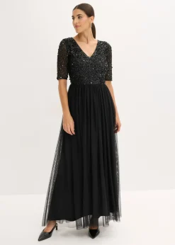 bonprix bonprix Vestido de noche de tul delicado con bordado de lentejuelas Negro Sale