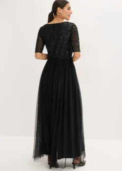 bonprix bonprix Vestido de noche de tul delicado con bordado de lentejuelas Negro Sale