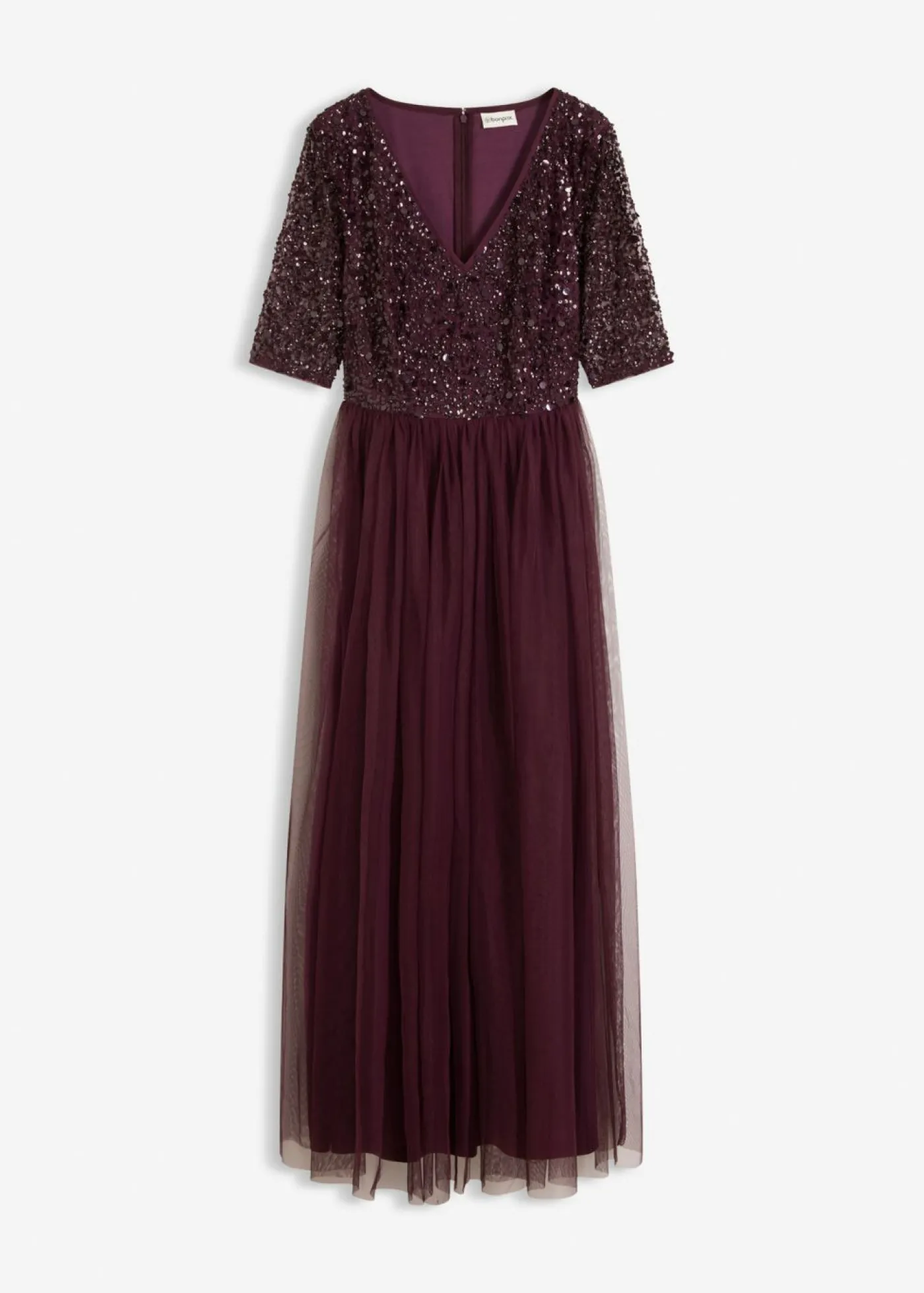 bonprix bonprix Vestido de noche de tul delicado con bordado de lentejuelas rojo burdeos Sale