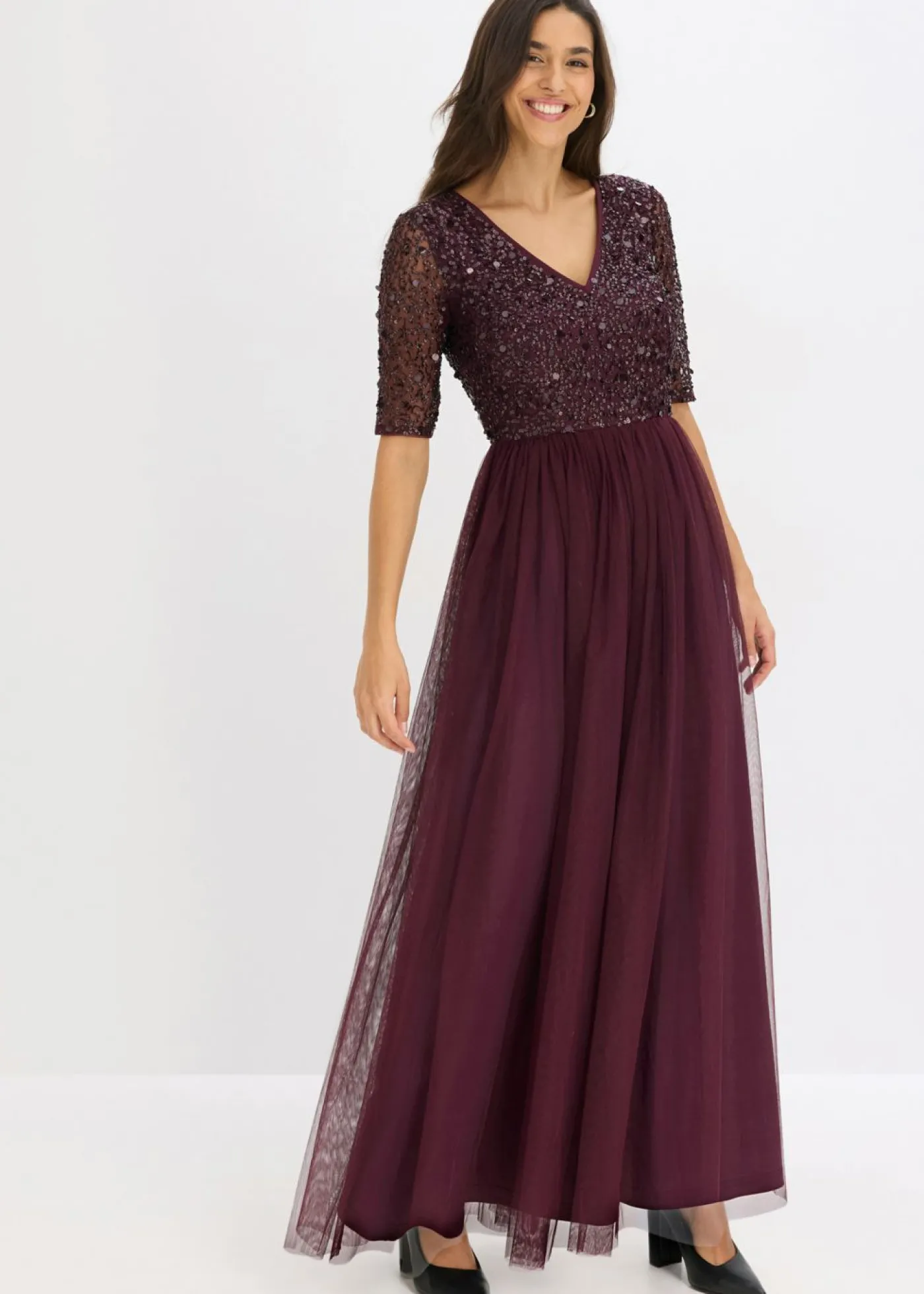 bonprix bonprix Vestido de noche de tul delicado con bordado de lentejuelas rojo burdeos Sale