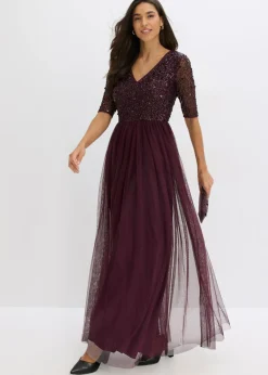 bonprix bonprix Vestido de noche de tul delicado con bordado de lentejuelas rojo burdeos Sale