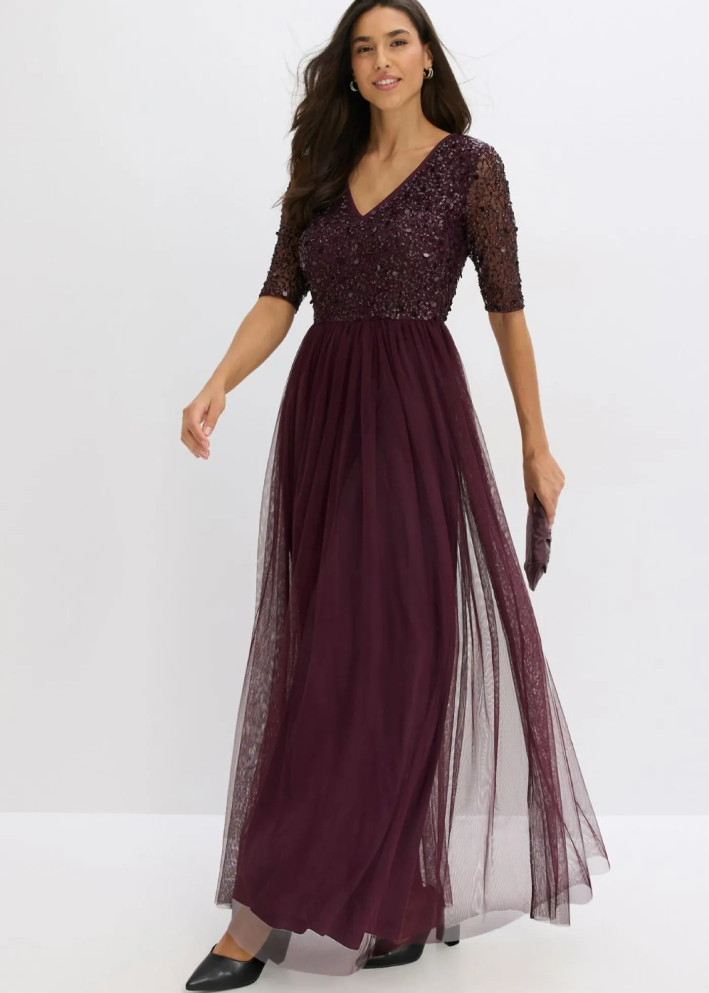 bonprix bonprix Vestido de noche de tul delicado con bordado de lentejuelas rojo burdeos Sale