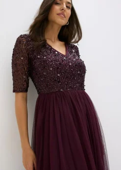 bonprix bonprix Vestido de noche de tul delicado con bordado de lentejuelas rojo burdeos Sale