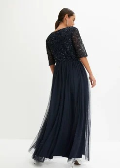 bonprix bonprix Vestido de noche de tul delicado con bordado de lentejuelas Azul marino Sale