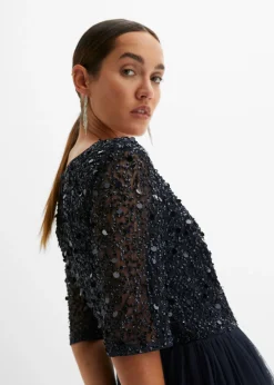 bonprix bonprix Vestido de noche de tul delicado con bordado de lentejuelas Azul marino Sale