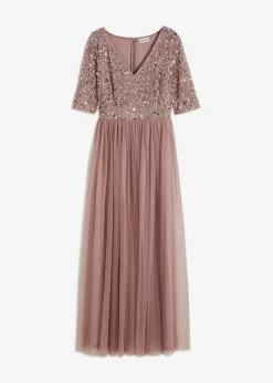 bonprix bonprix Vestido de noche de tul delicado con bordado de lentejuelas Rosa palo New