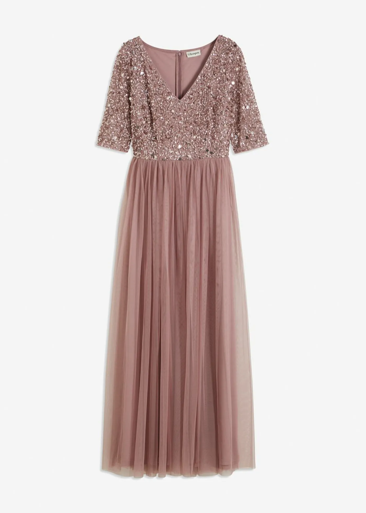 bonprix bonprix Vestido de noche de tul delicado con bordado de lentejuelas Rosa palo New