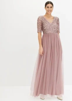 bonprix bonprix Vestido de noche de tul delicado con bordado de lentejuelas Rosa palo New