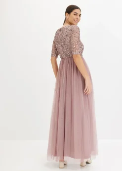 bonprix bonprix Vestido de noche de tul delicado con bordado de lentejuelas Rosa palo New