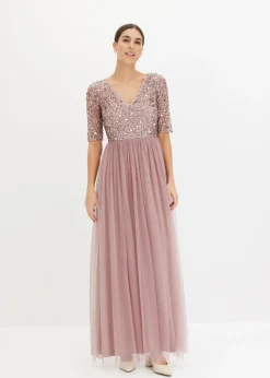 bonprix bonprix Vestido de noche de tul delicado con bordado de lentejuelas Rosa palo New