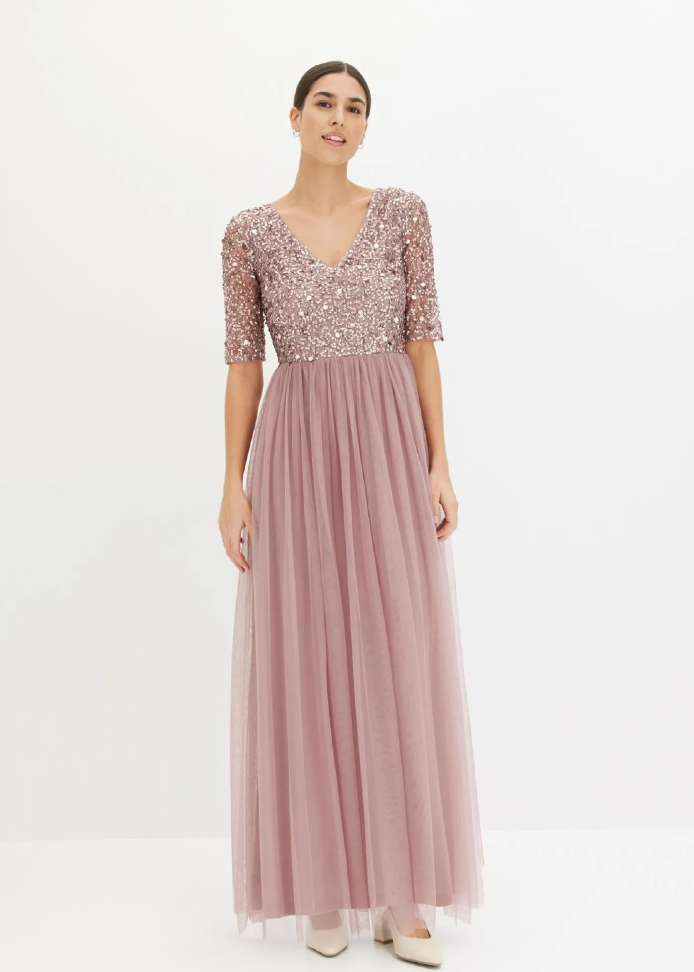 bonprix bonprix Vestido de noche de tul delicado con bordado de lentejuelas Rosa palo New