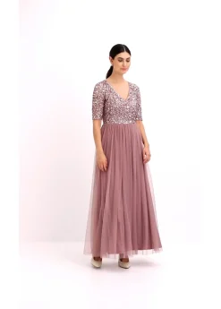 bonprix bonprix Vestido de noche de tul delicado con bordado de lentejuelas Rosa palo New