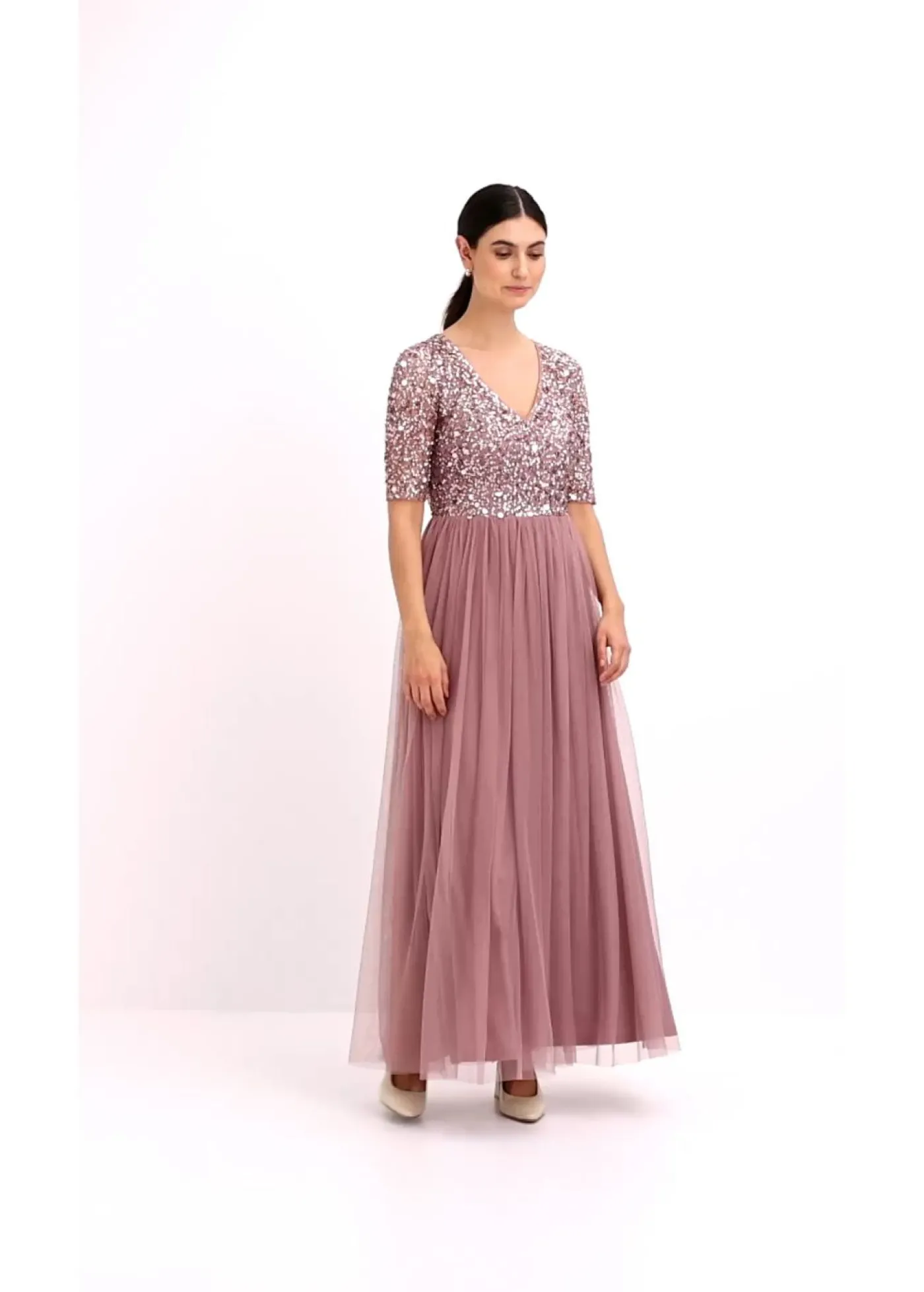 bonprix bonprix Vestido de noche de tul delicado con bordado de lentejuelas Rosa palo New