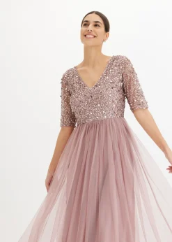 bonprix bonprix Vestido de noche de tul delicado con bordado de lentejuelas Rosa palo New