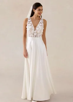 bonprix bonprix Vestido de novia de satén brillante con aplicaciones de flores Blanco lana Discount