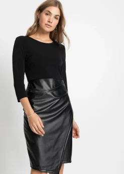 bonprix bonprix Vestido de piel sintética con parte superior de punto Negro Outlet