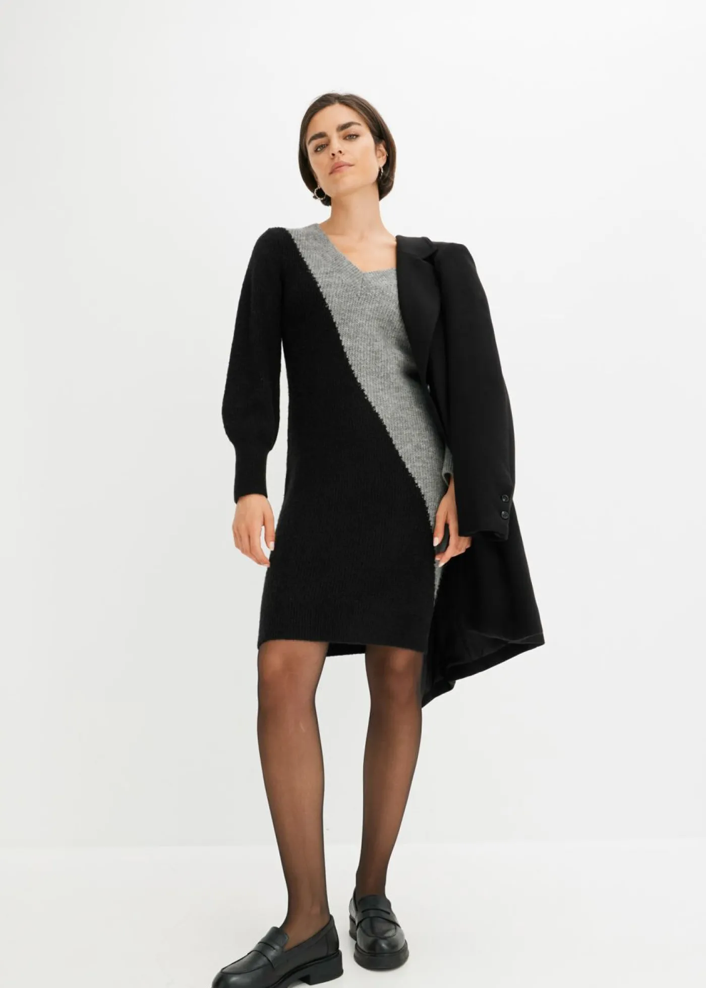 bonprix bonprix Vestido de punto negro / gris rayas horizontales