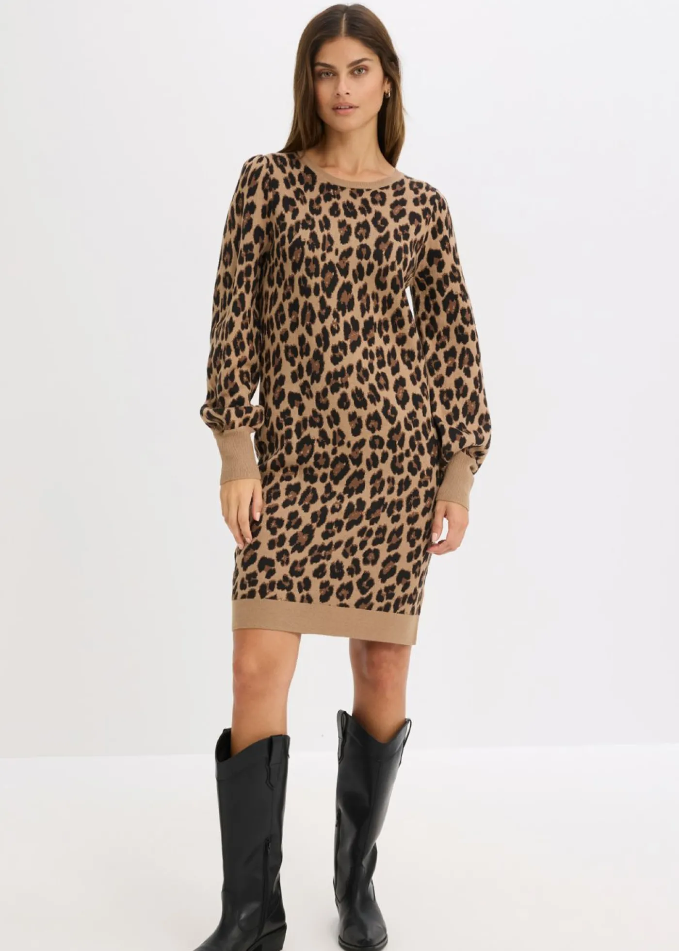 bonprix bonprix Vestido de punto Beige con estampado de leopardo Clearance