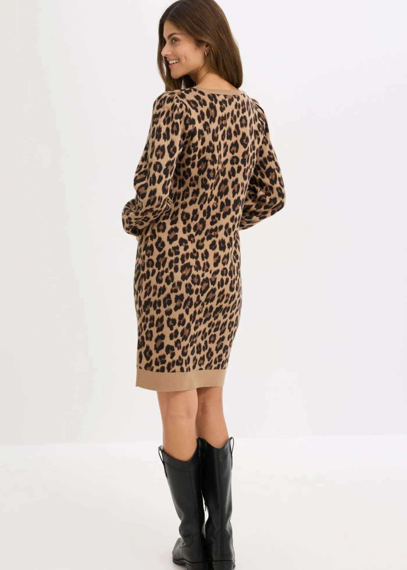 bonprix bonprix Vestido de punto Beige con estampado de leopardo Clearance