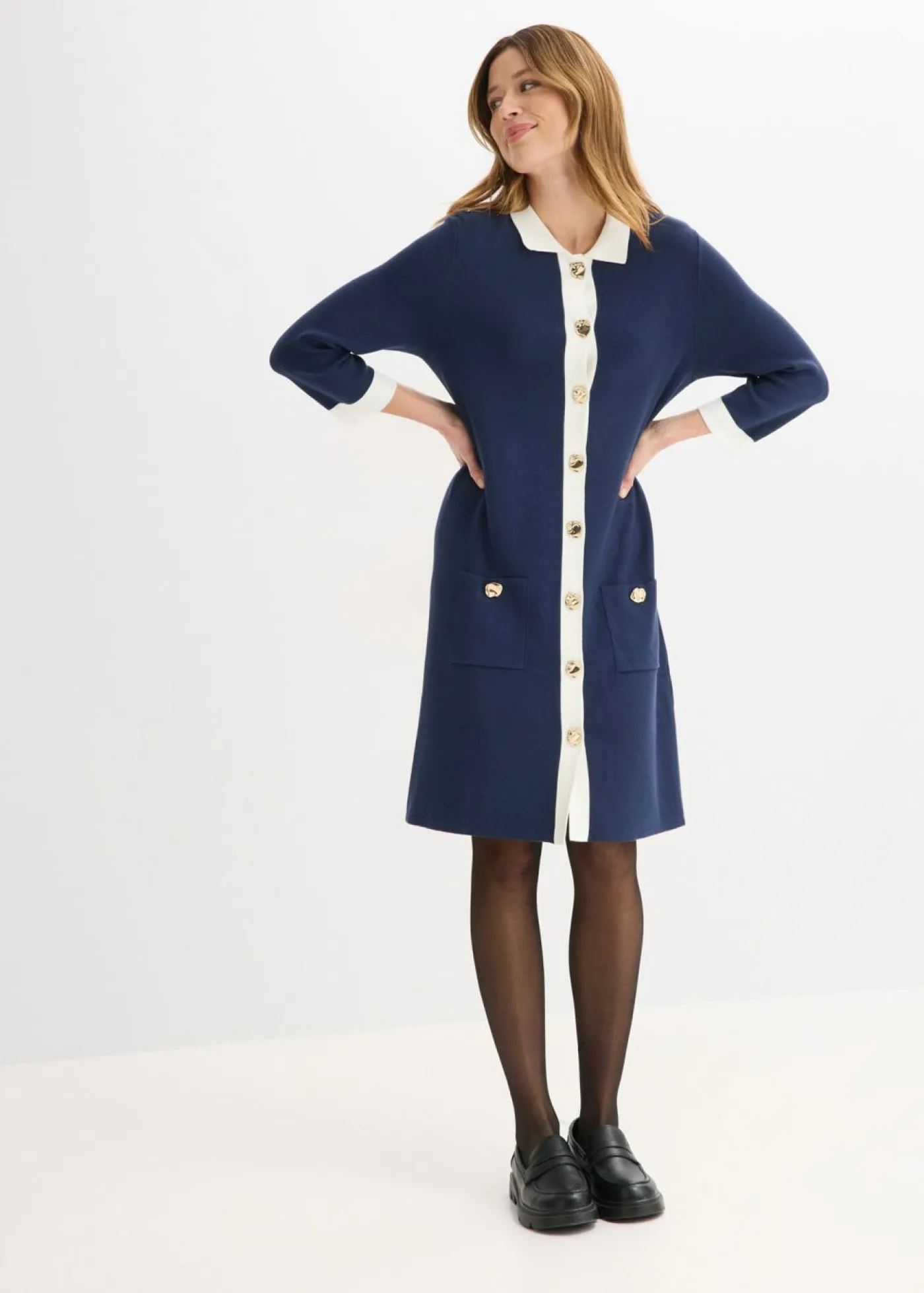 bonprix bonprix Vestido de punto Azul marino + blanco lana