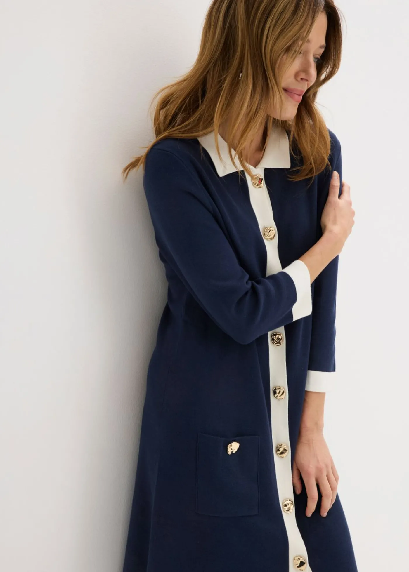 bonprix bonprix Vestido de punto Azul marino + blanco lana
