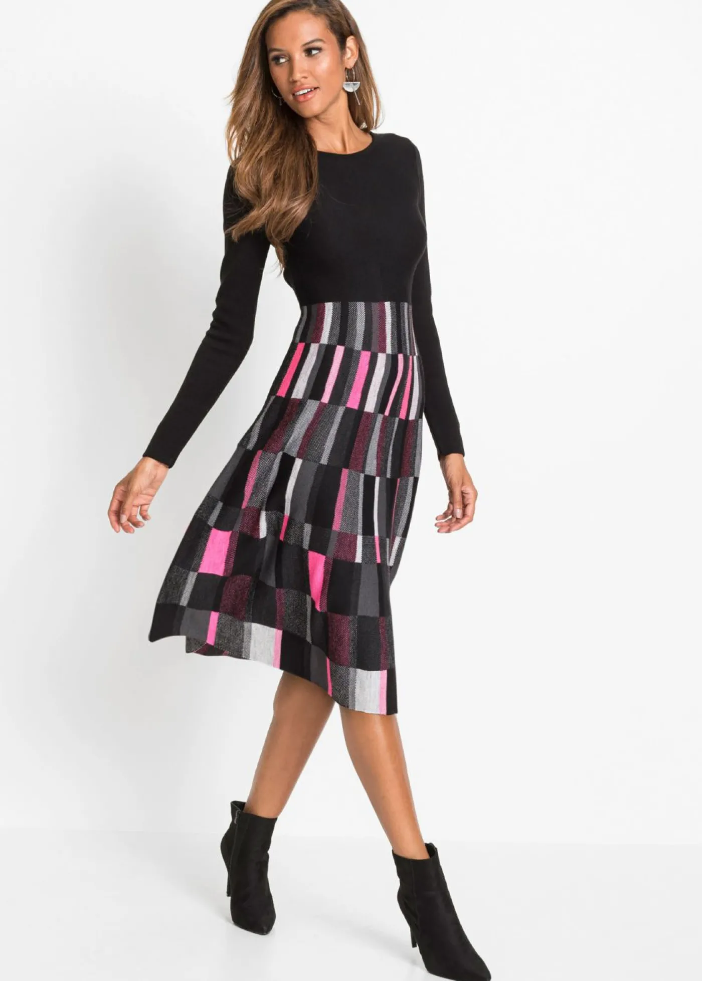 bonprix bonprix Vestido de punto a cuadros Gris-negro-rosa de cuadros Outlet