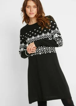 bonprix bonprix Vestido de punto acampanado con estampado noruego Negro-blanco