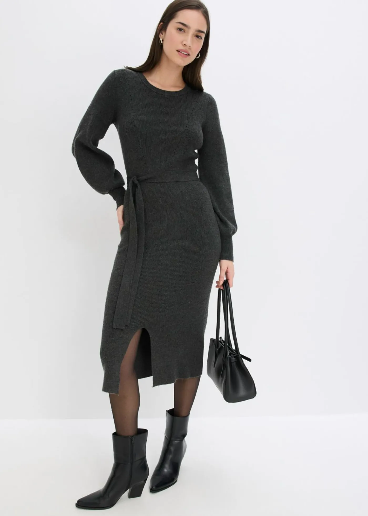 bonprix bonprix Vestido de punto acanalado de mezcla de viscosa fluida antracita jaspeado moteado Best