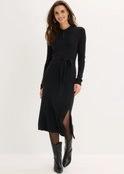 bonprix bonprix Vestido de punto acanalado de mezcla de viscosa Negro Sale