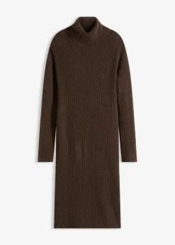 bonprix bonprix Vestido de punto acanalado con cuello vuelto marrón arcilla Online