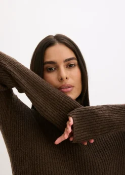 bonprix bonprix Vestido de punto acanalado con cuello vuelto marrón arcilla Online