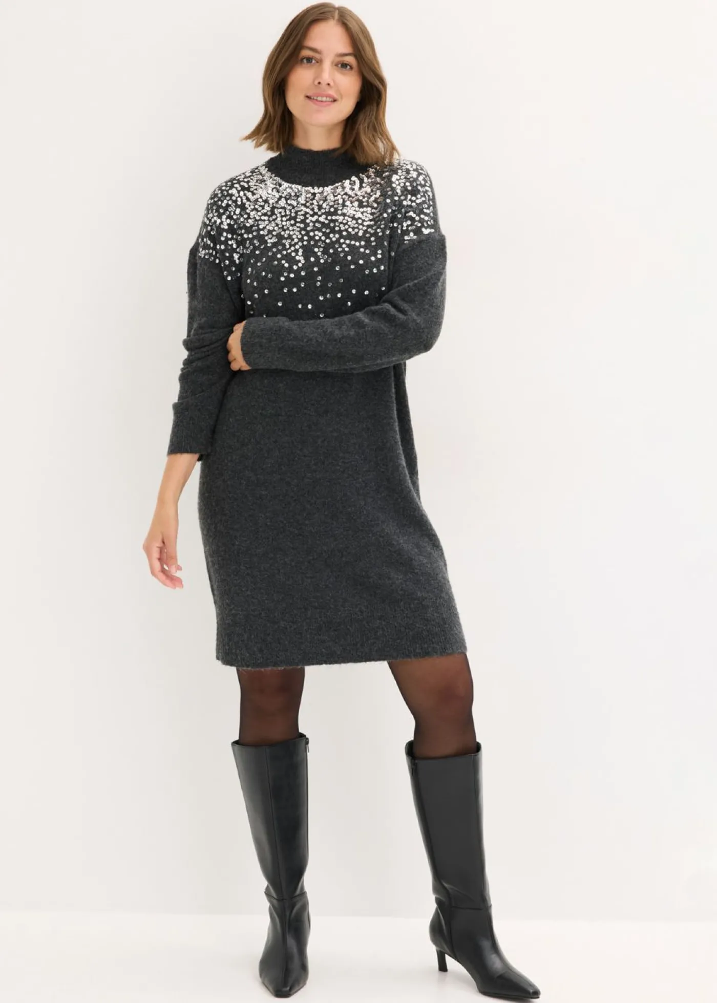 bonprix bonprix Vestido de punto con aplicaciones de lentejuelas Antracita jaspeado Discount