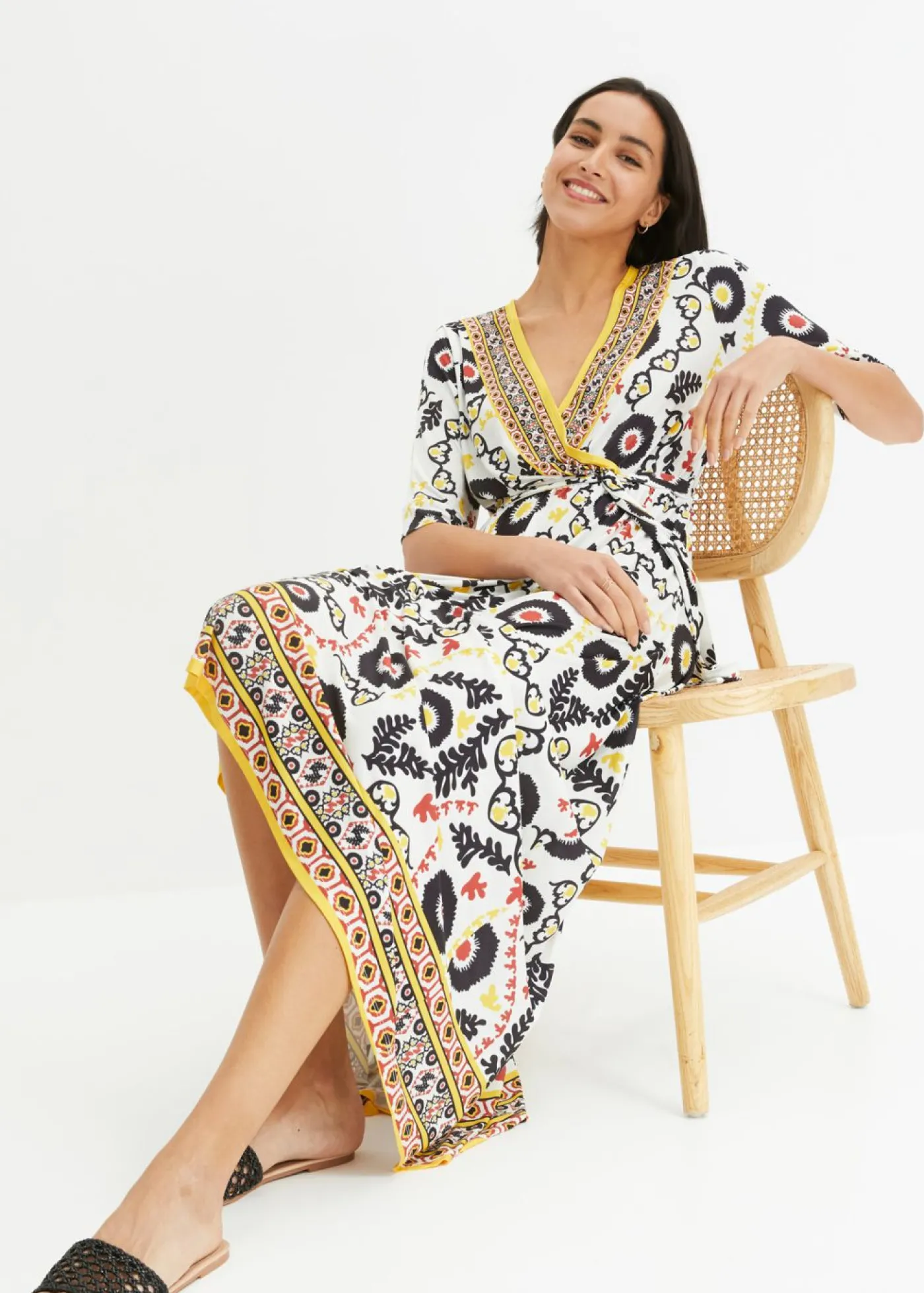 bonprix BODYFLIRT boutique Vestido de punto con cordón blanco/amarillo/marrón estampado Best