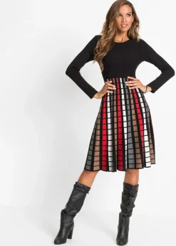 bonprix bonprix Vestido de punto con cuadros Negro-rojo-marrón-blanco lana de cuadros Discount