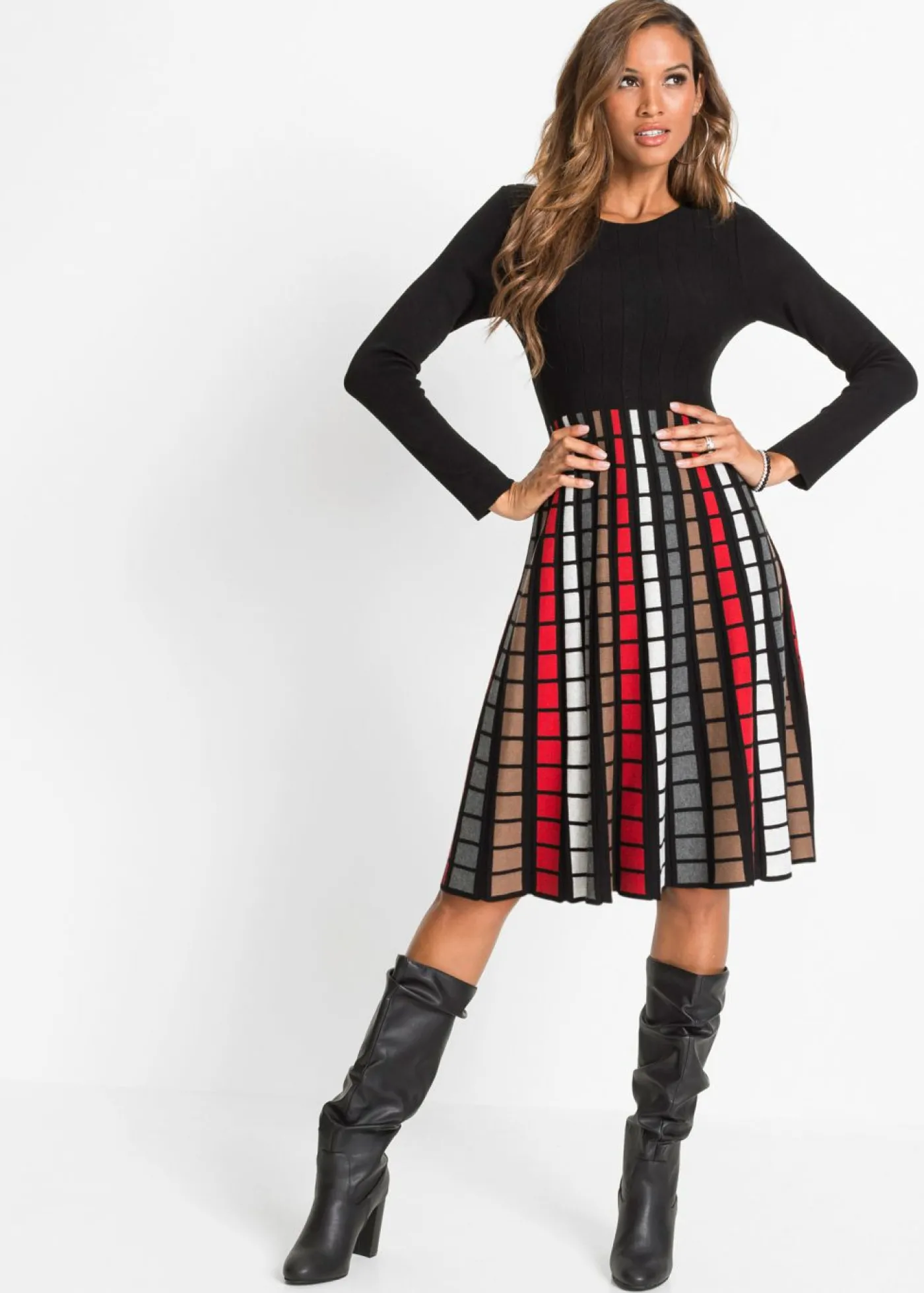 bonprix bonprix Vestido de punto con cuadros Negro-rojo-marrón-blanco lana de cuadros Discount