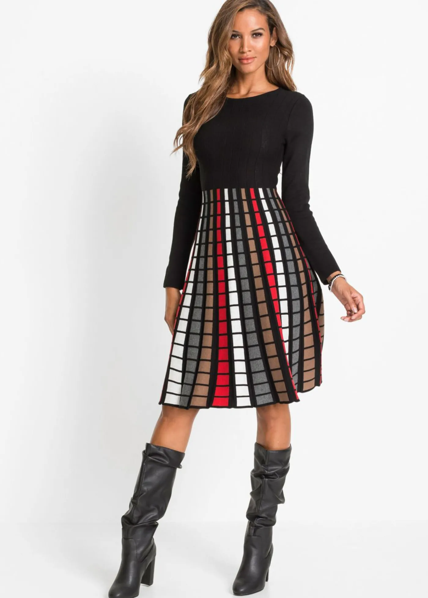 bonprix bonprix Vestido de punto con cuadros Negro-rojo-marrón-blanco lana de cuadros Discount