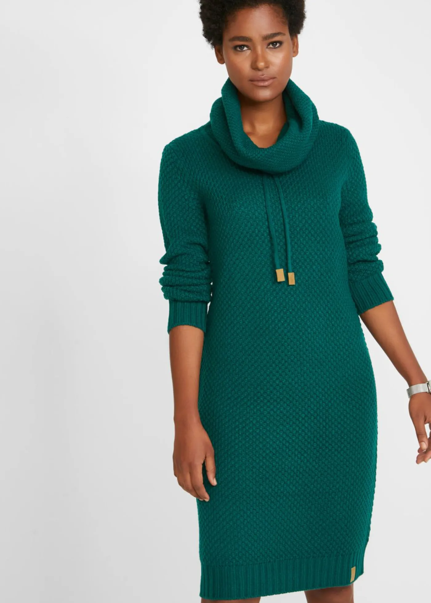 bonprix bonprix Vestido de punto con cuello tipo chal Verde intenso New
