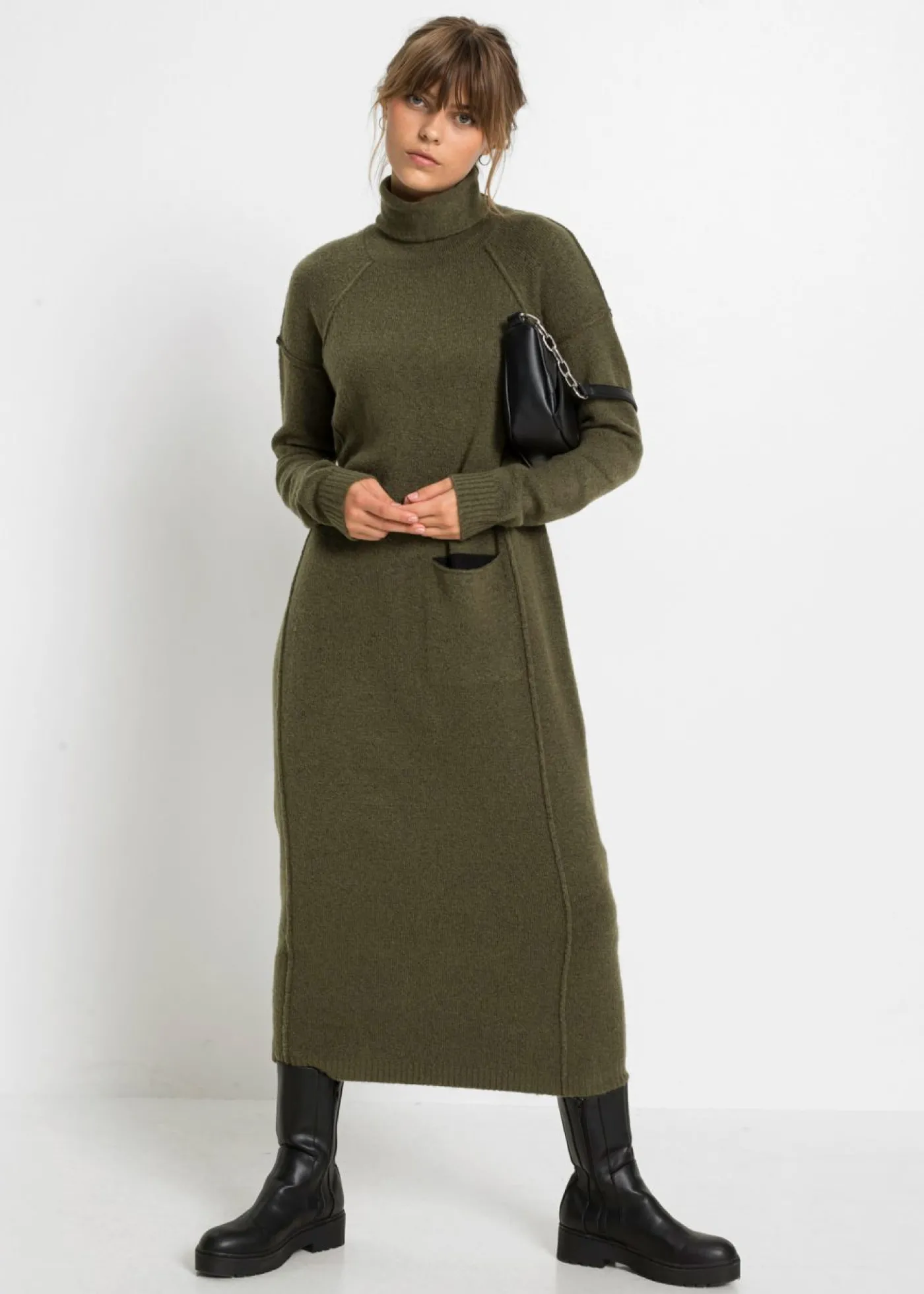 bonprix bonprix Vestido de punto con cuello vuelto oliva moteado New
