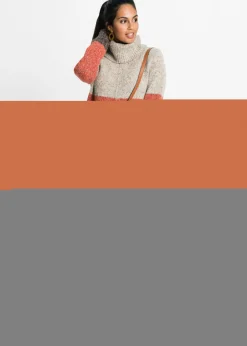bonprix bonprix Vestido de punto con cuello vuelto marrón oscuro / beige / naranja moteado Sale