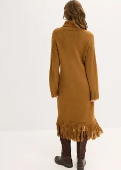 bonprix bonprix Vestido de punto con flecos en el dobladillo Marrón coñac New