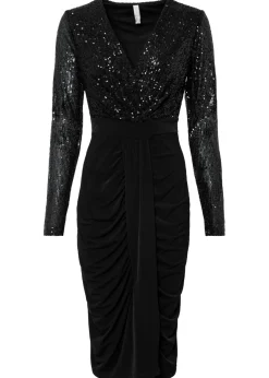 bonprix bonprix Vestido de punto con lentejuelas y drapeado Negro Hot