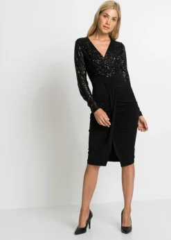 bonprix bonprix Vestido de punto con lentejuelas y drapeado Negro Hot