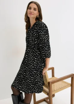 bonprix bonprix Vestido de punto con línea en A Negro con estampado gráfico Discount